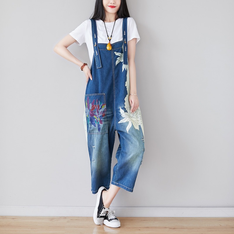 Personality splicing jeans asymmetric large size washed overalls cropped wide leg pants