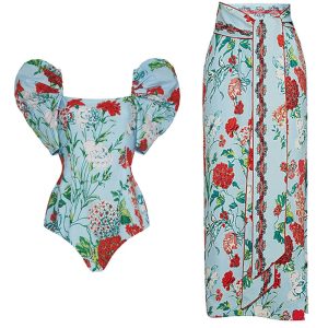 Retro Print Ruffle Edge Swimsuit One Piece With Skirt Slim Bikini Suit Slash Neck Backless Swimwear Women Holiday Beach Cover-up