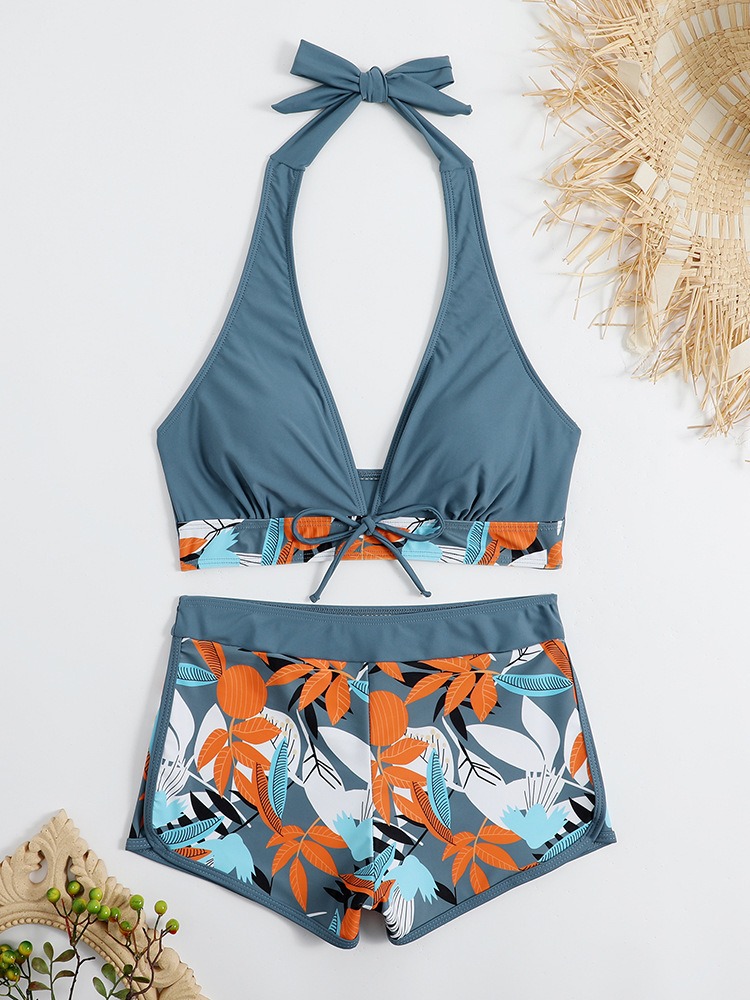 European and American swimwear women's split high waisted panel tie up flat angle college sports surfing bikini - Image 23