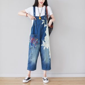Personality splicing jeans asymmetric large size washed overalls cropped wide leg pants