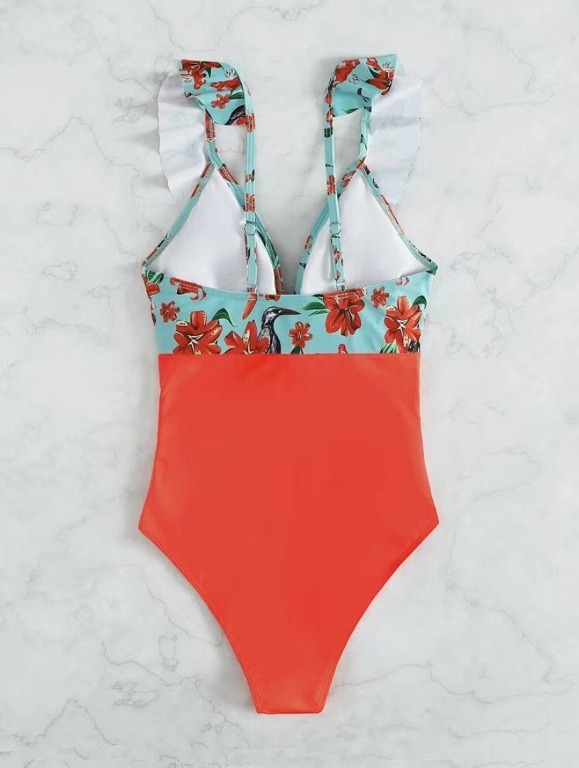 Swimwear Printed Panels with Ruffles, European and American Sexy Backless One Piece, Covering The Belly, and Slimming Bikini - Image 3