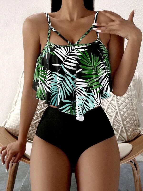 New European and American Split Swimwear Women's Printed High Waist Bikini Ruffle Edge Swimwear Bikini - Image 10