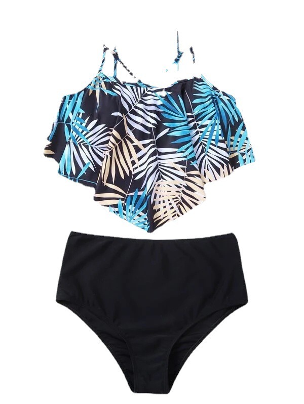 New European and American Split Swimwear Women's Printed High Waist Bikini Ruffle Edge Swimwear Bikini - Image 8