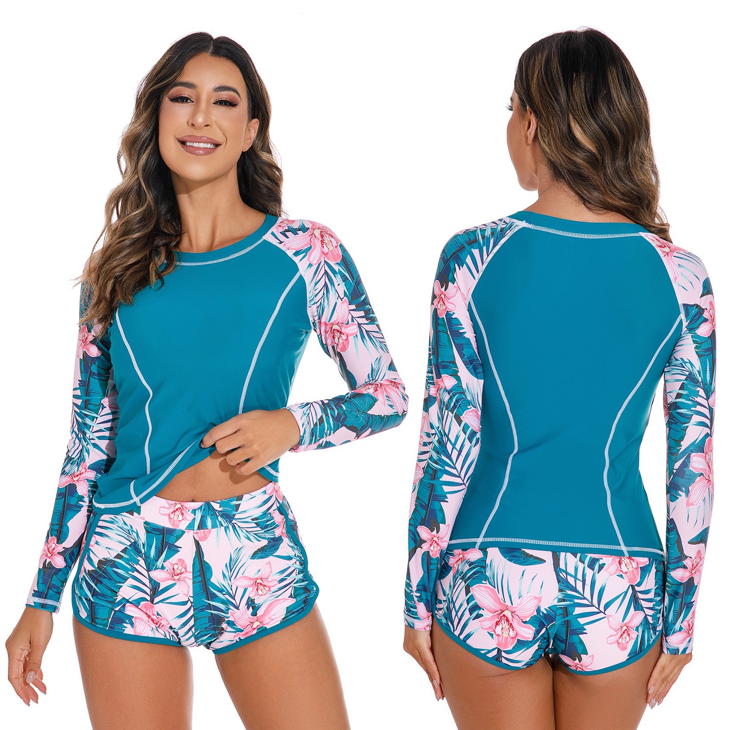 Long Sleeved Swimsuit, Beach Round Neck Pullover, Boxer Shorts, Split Surfing Swimsuit, Sun Protection, Surfing Suit