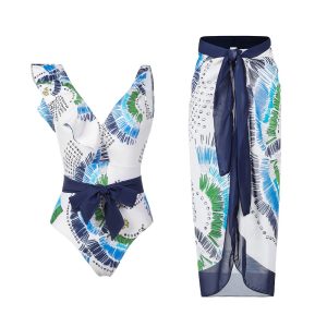 Vintage printed swimsuit conservative One-piece swimsuit women's printed beach skirt suit