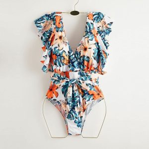 New Bikini European and American Sexy One Piece Swimwear V-neck Ruffle Print Swimwear