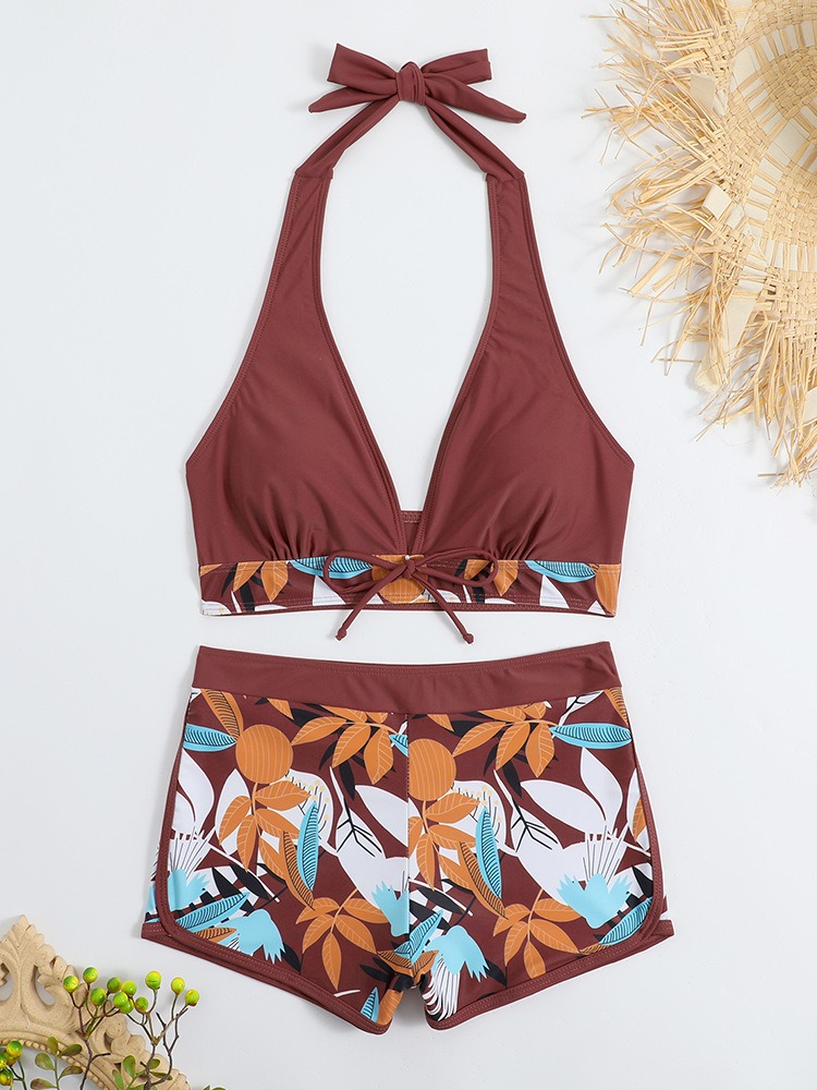 European and American swimwear women's split high waisted panel tie up flat angle college sports surfing bikini - Image 27