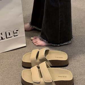 Thick Soled Retro One Line Slippers for Women's New Summer Outerwear Flat Bottomed Comfortable Slippers