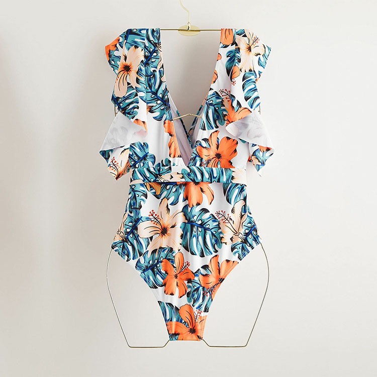 New Bikini European and American Sexy One Piece Swimwear V-neck Ruffle Print Swimwear