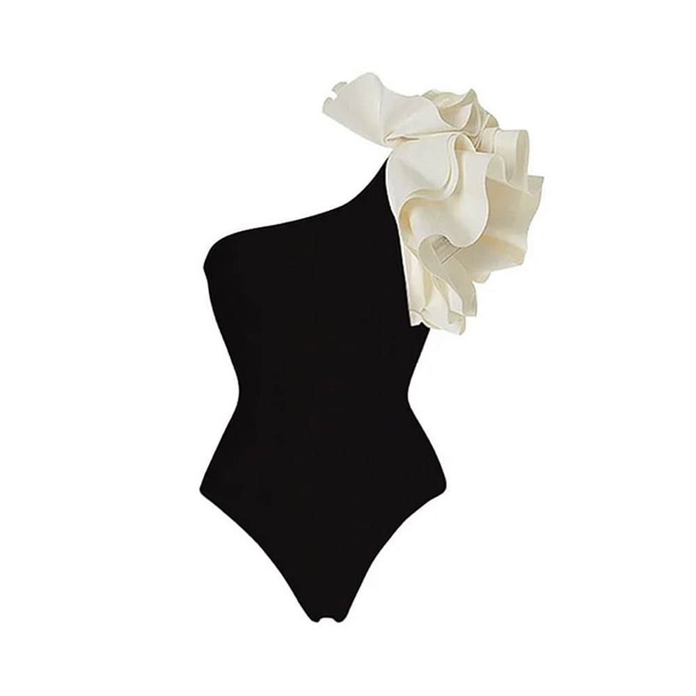 Women Swimsuits Pure Black One-piece Swimsuit with Single Shoulder White Floral Cluster Decoration, with an Abstract Black Strip