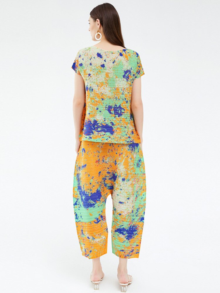 Woman Pleated Printing 2 Pieces Set Print Short Sleeve O Neck T Shirt And Casual Lose Harem Pants