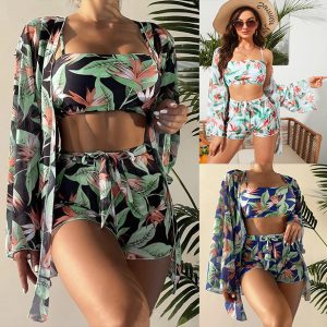 European and American Swimwear Women's Split Three Piece High Waisted Long Sleeved Boxer Shorts Bikini Swimwear