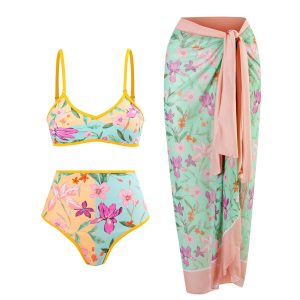 Vintage Bikini Double Sided Printed Mid Rise Swimwear for Women in Europe and America Bikini Mesh Long Dress