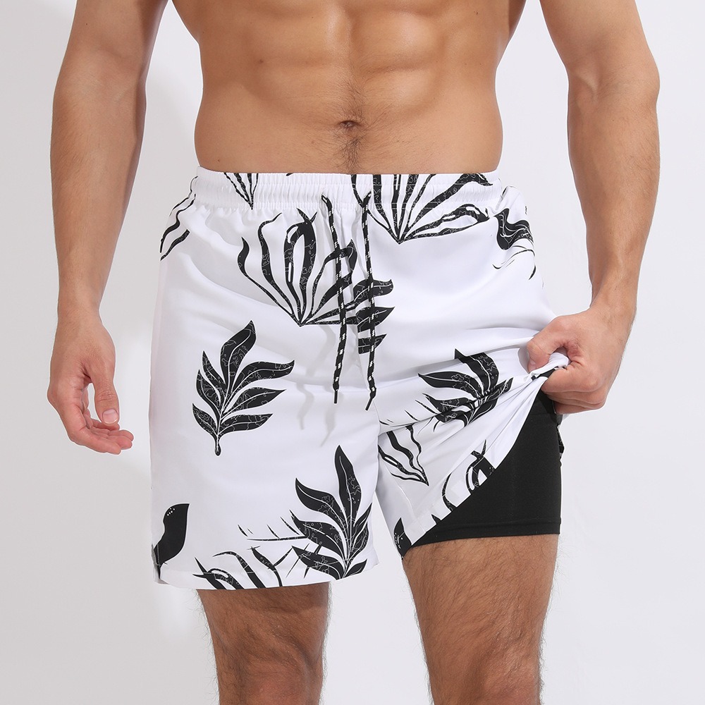 New Mens Casual Beach Sports Shorts Printed Double Layer Shorts Mens Anti glare Plus Size
