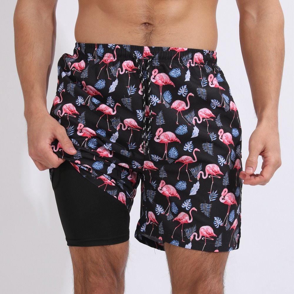 New Mens Casual Beach Sports Shorts Printed Double Layer Shorts Mens Anti glare Plus Size