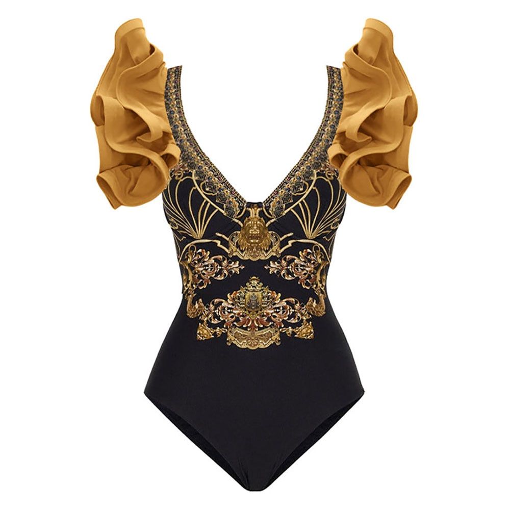 Pleated Three-Dimensional Ruffled Swimsuit V-Neck Sexy  Slim One-Piece Printed Bikini Chiffon Beach Skirt Luxury Swimwear