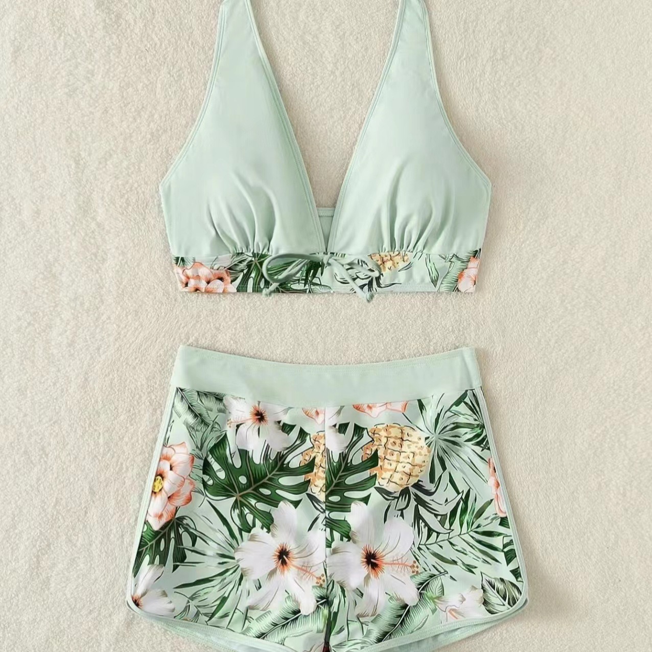 European and American swimwear women's split high waisted panel tie up flat angle college sports surfing bikini - Image 10