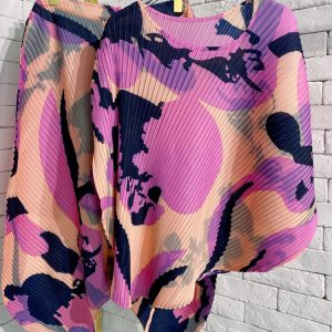 Fashion Women Pants Sets Loose Pleated Prting O Neck Top And Pencil Trousers Color Block Luxury Spring