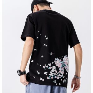 Summer butterfly embroidery couple T shirt Chinese style original loose large size cotton fashion short sleeved t shirt men