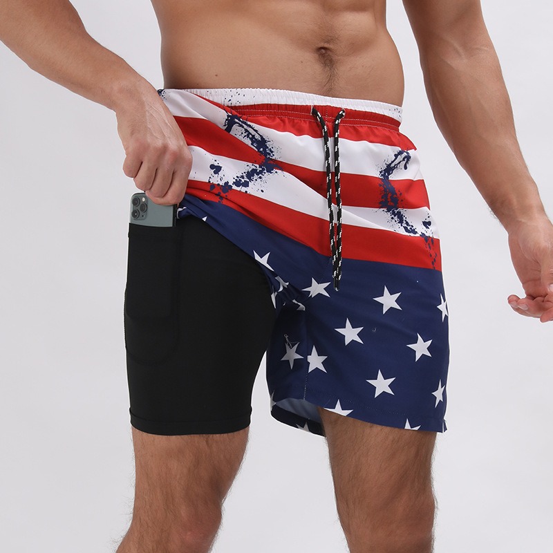 New Mens Casual Beach Sports Shorts Printed Double Layer Shorts Mens Anti glare Plus Size - Image 31