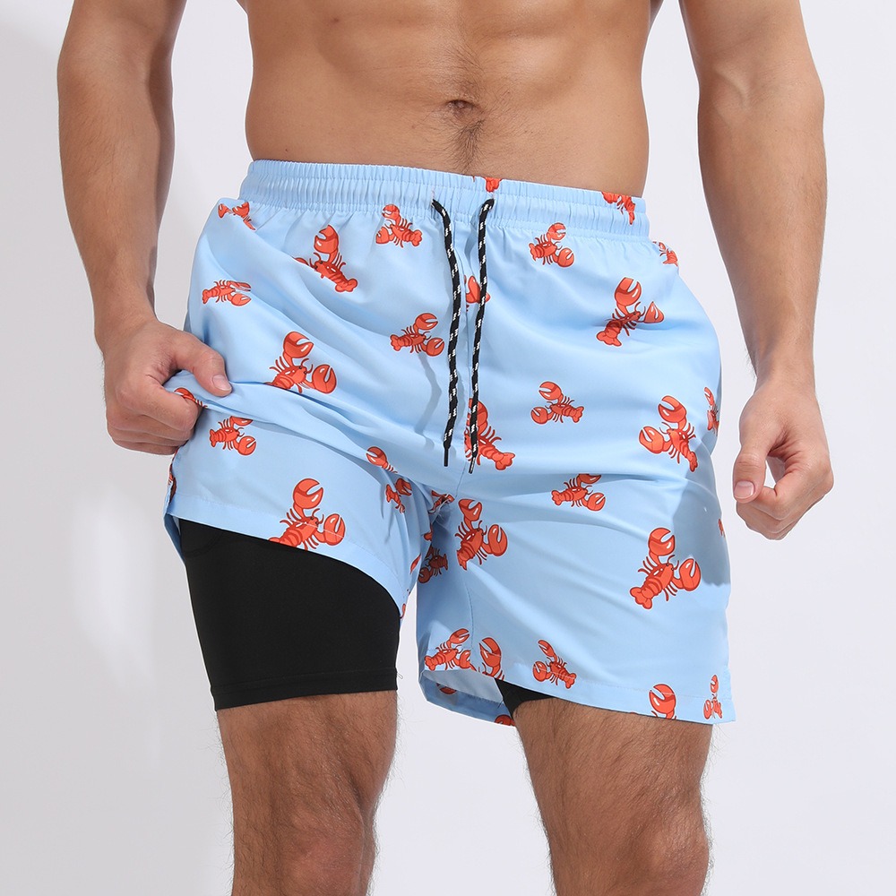 New Mens Casual Beach Sports Shorts Printed Double Layer Shorts Mens Anti glare Plus Size - Image 4