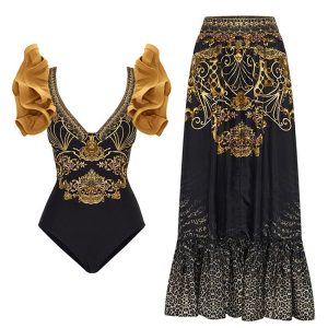 Pleated Three-Dimensional Ruffled Swimsuit V-Neck Sexy  Slim One-Piece Printed Bikini Chiffon Beach Skirt Luxury Swimwear