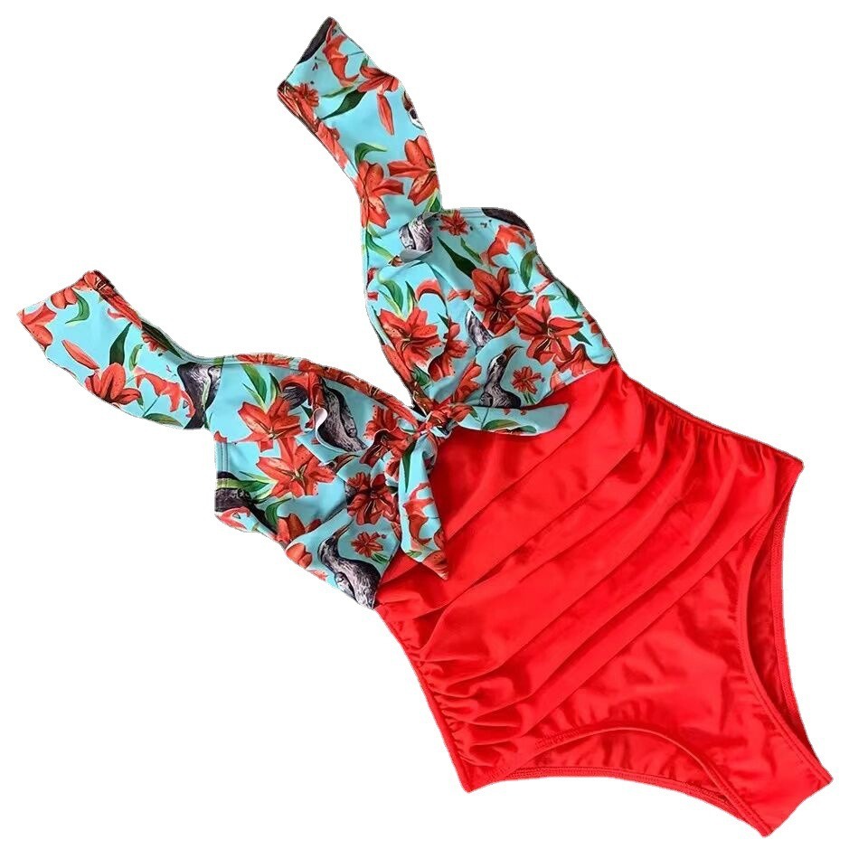 Swimwear Printed Panels with Ruffles, European and American Sexy Backless One Piece, Covering The Belly, and Slimming Bikini - Image 6