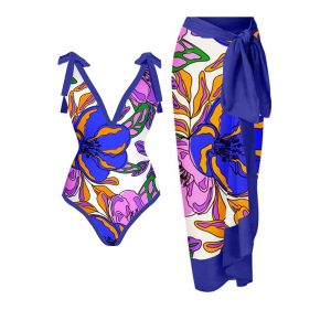 Vintage Printed Lace Up Chic One Piece Swimsuit & Coverup Holiday Beach Dress Designer Bathing Suit Summer Surf Wear