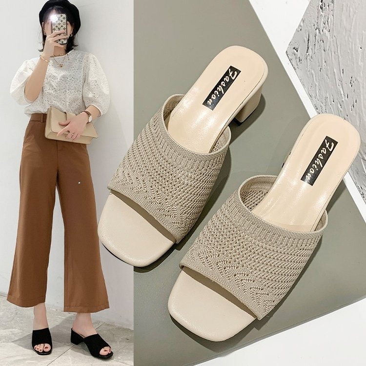 Mid Heel Sandals and Slippers for Women's Summer New Korean Edition Flying Weave Outerwear Fashion Women's Sandals and Slippers