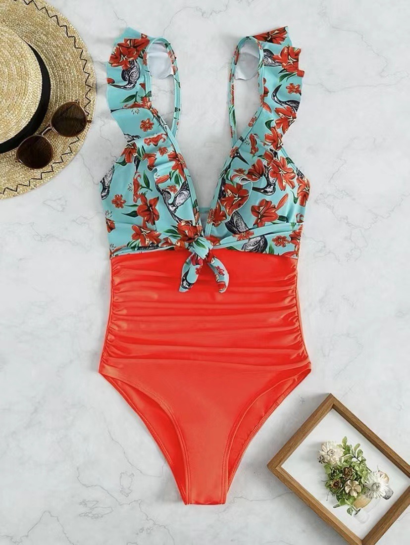 Swimwear Printed Panels with Ruffles, European and American Sexy Backless One Piece, Covering The Belly, and Slimming Bikini - Image 4